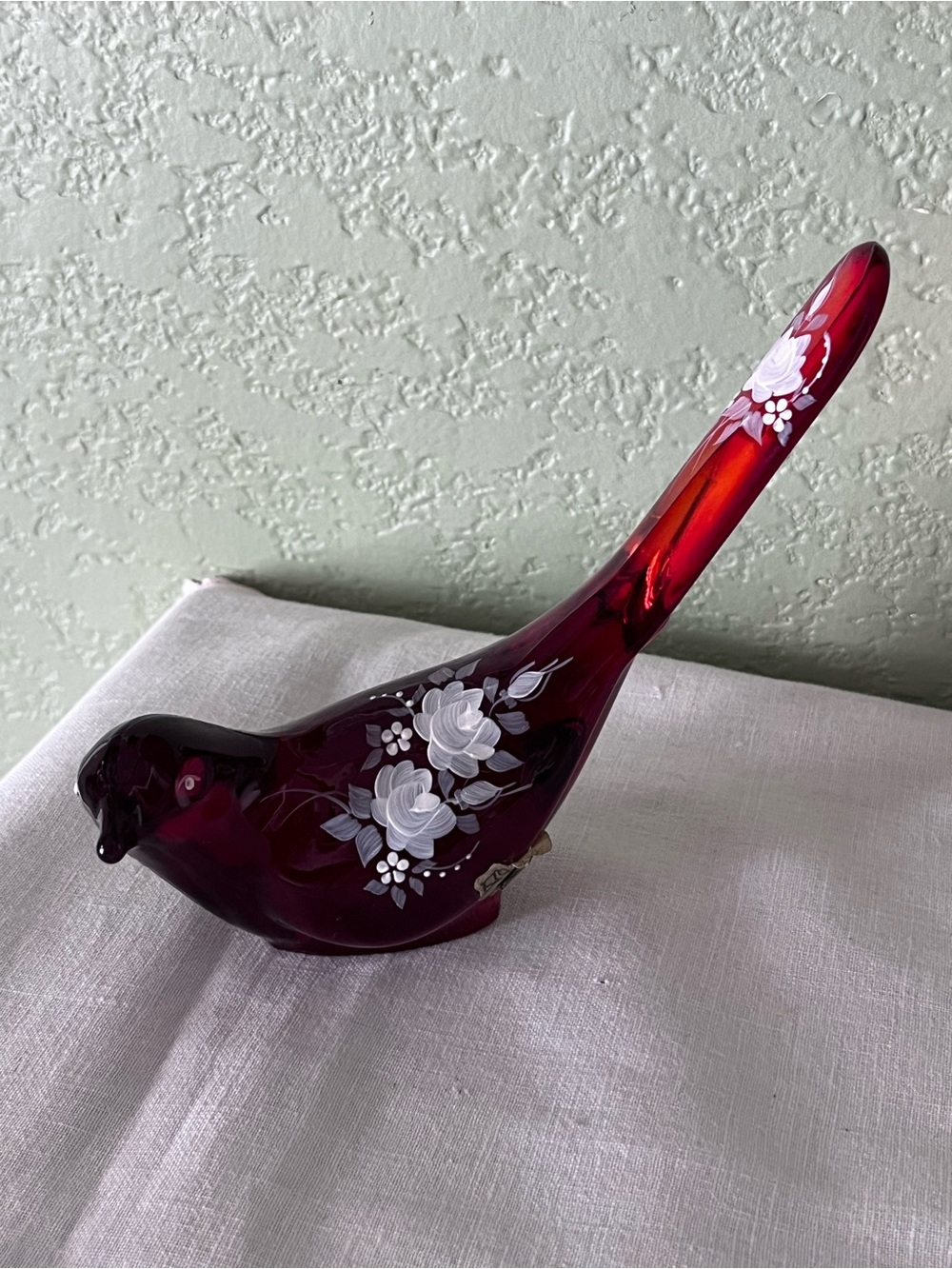 Vintage Fenton Hand Painted Amberina Glass Bird Figurine UV Reactive Cranberry